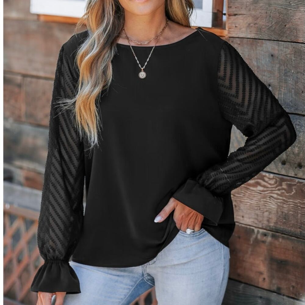 Women's Reversible Boatneck Sheer Poet Sleeve Blouse Black Size XL NWT Romantic